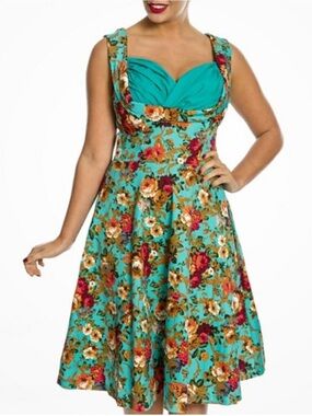 Lindy Bop Ophelia Aqua Floral Retro 1950s Dress Rockabilly Pinup Garden Party XL